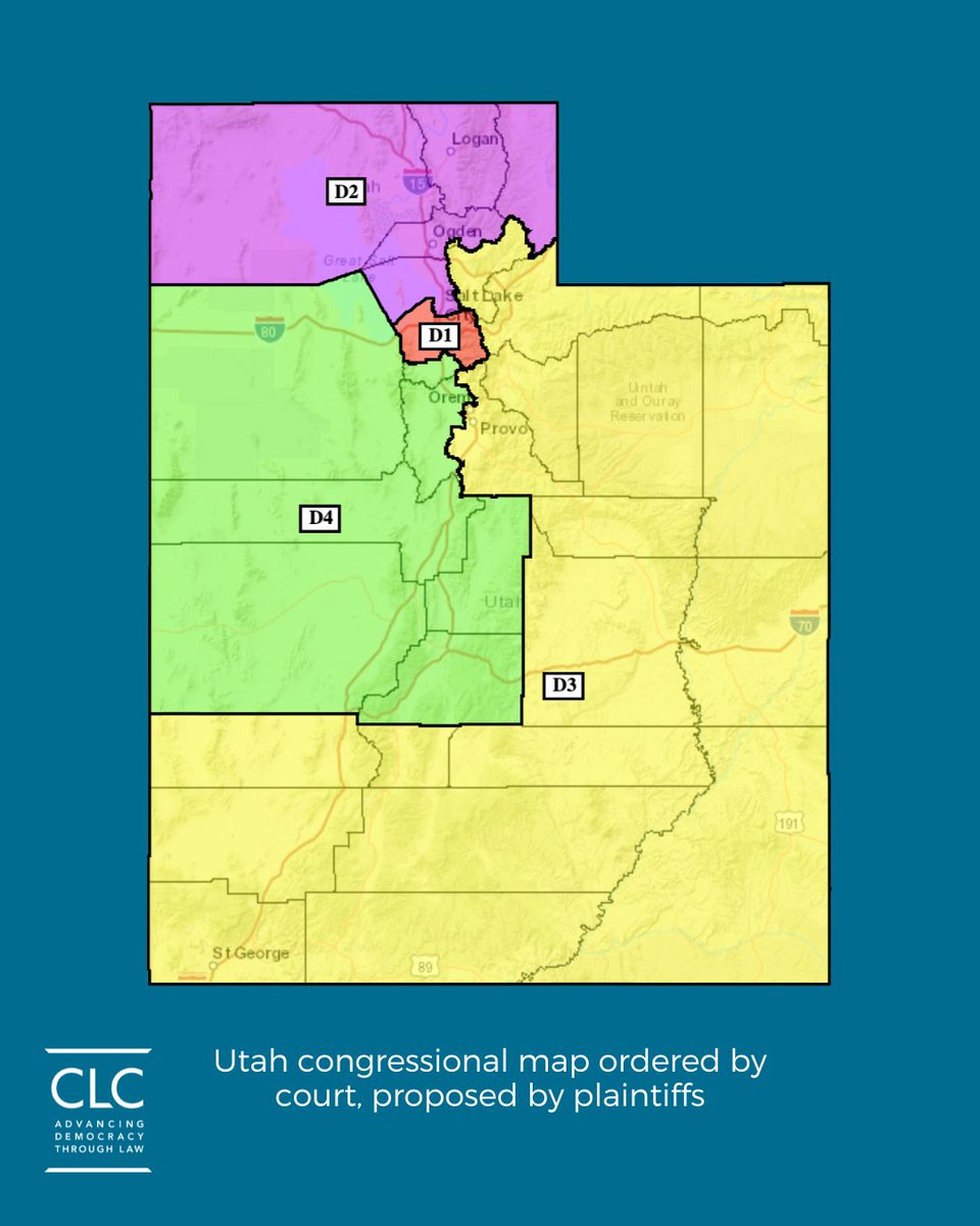CampaignLegal's tweet photo. BREAKING: The Utah Supreme Court affirms that a fair congressional map will be implemented for the 2026 midterm elections. The court once again sided with our clients and reaffirmed Utahns' right to vote under a fair, legal map. https://t.co/47xUNFwdqB