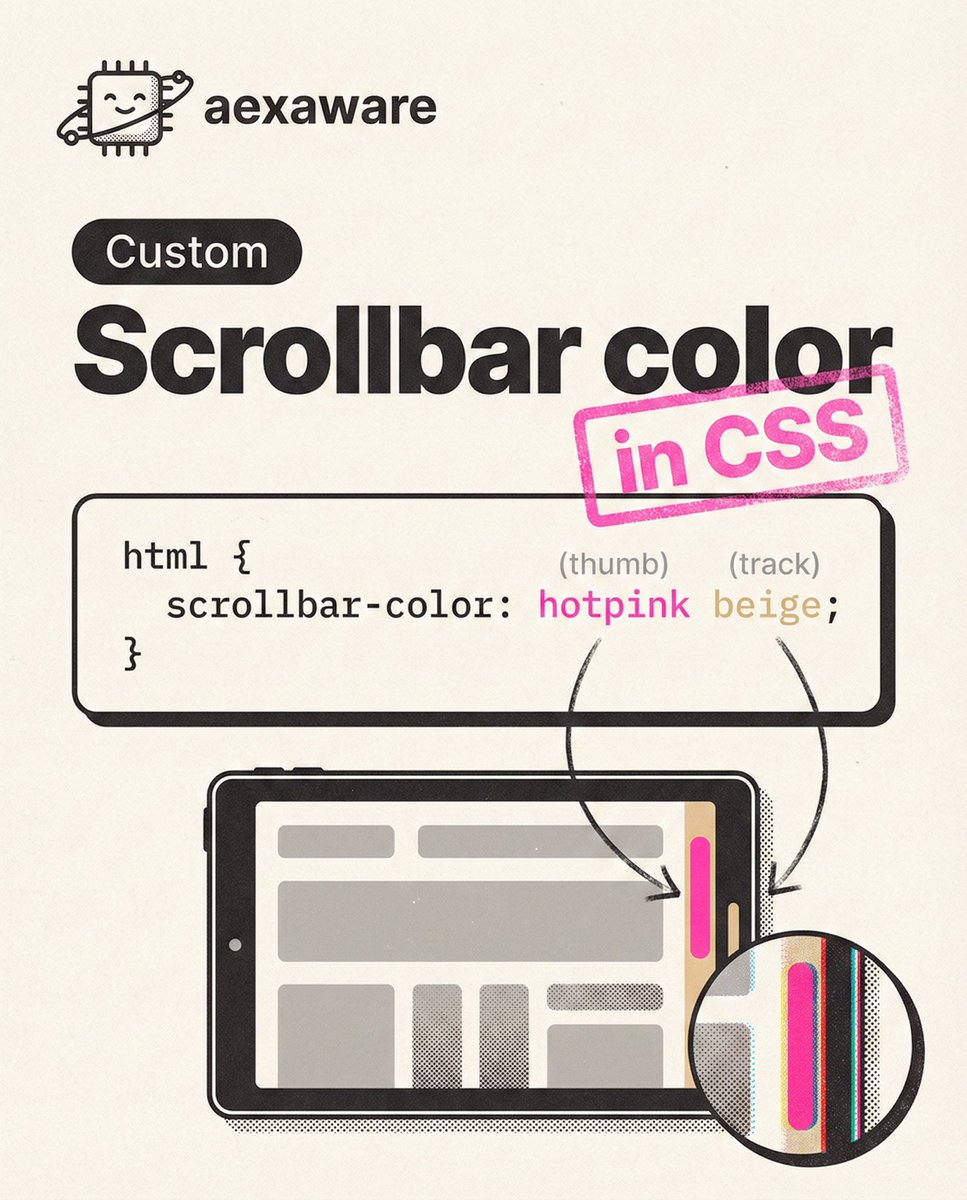 aexaware's tweet photo. Default scrollbars ruin good UI. 🛑

Fix it with one line of CSS:
scrollbar-color: hotpink beige;

🧵👇 https://t.co/FbggM6Aupz
