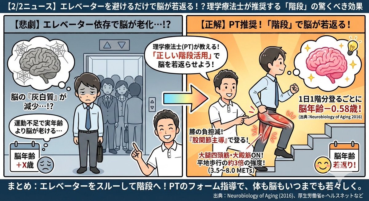 PtBuild's tweet image. エレベーターをやめるだけで脳が若返る？🧠日常的に階段を使う人ほど脳の「灰白質」が維持され、脳年齢が若いことが判明💡階段1階分で約0.5歳若くなる計算✨
プロが教える「膝を痛めない登り方」なら、階段は最強の脳トレに💪週末は階段でGO💨
#健康経営 #理学療法士 #アンチエイジング #脳の活性化