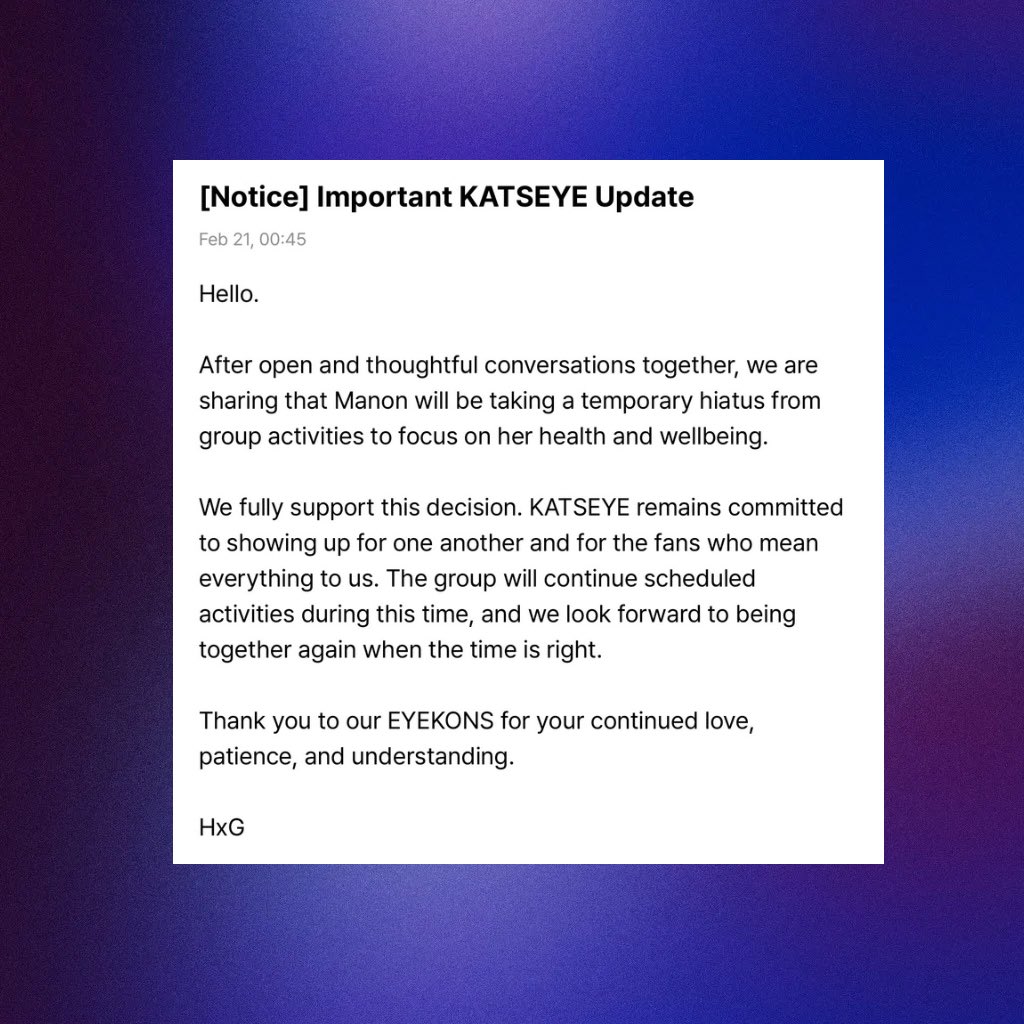 PopBase's tweet image. Manon announces a temporary hiatus from KATSEYE to focus on her health and wellbeing.