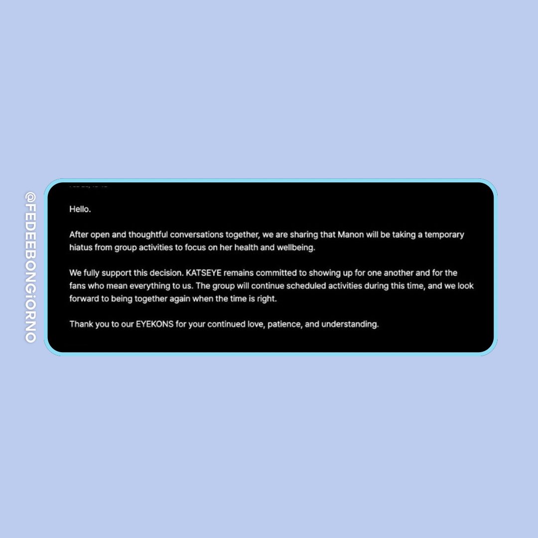 fedeebongiorno's tweet image. 🎶 Manon de KATSEYE se tomará un tiempo de sus actividades en el grupo para cuidar su salud y bienestar

No estará en el show del Lollapalooza Argentina