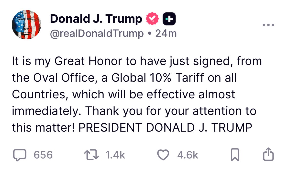 Carloszup's tweet image. 🔺#ÚLTIMAHORA: Donald Trump informa que ha firmado una orden para aplicar el 10 por ciento de #aranceles a todos los países: