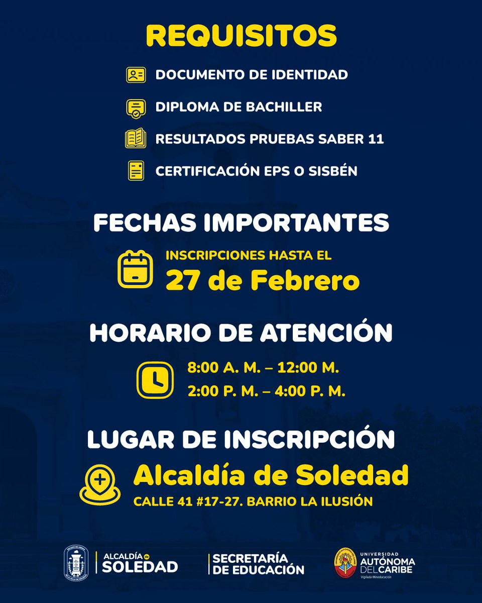 🎓🔥 ¡Es tu momento, Soledad!

La Universidad Autónoma, en alianza con la Alcaldía de Soledad y la Secretaría de Educación, abre convocatoria para 170 cupos en programas de pregrado.

Una oportunidad real para comenzar tu carrera profesional y dar el siguiente paso en tu proyecto