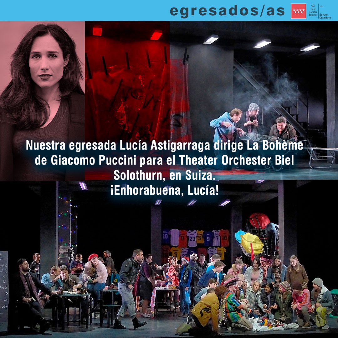 ResadMadrid's tweet photo. ✨ #OrgulloRESAD | Nuestra egresada Lucía Astigarraga dirige La Bohème de Puccini para el Theater Orchester Biel Solothurn (Suiza). Estreno: 20 de febrero en el Teatro Nebia, con 18 funciones en 6 teatros suizos. ¡Enhorabuena por llevar el #TalentoRESAD al mundo! 🎭👏 #RESAD https://t.co/CTbxZtEGmd