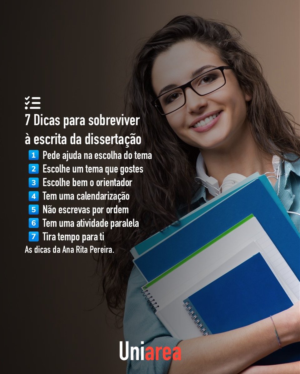💬 "Terminei recentemente o mestrado e com ele a escrita da dissertação e queria partilhar algumas dicas para ultrapassares esta etapa com calma e sucesso."
✍️ Lê em detalhe as 7 dicas da Ana Rita: uniarea.com/dicas-para-sob…