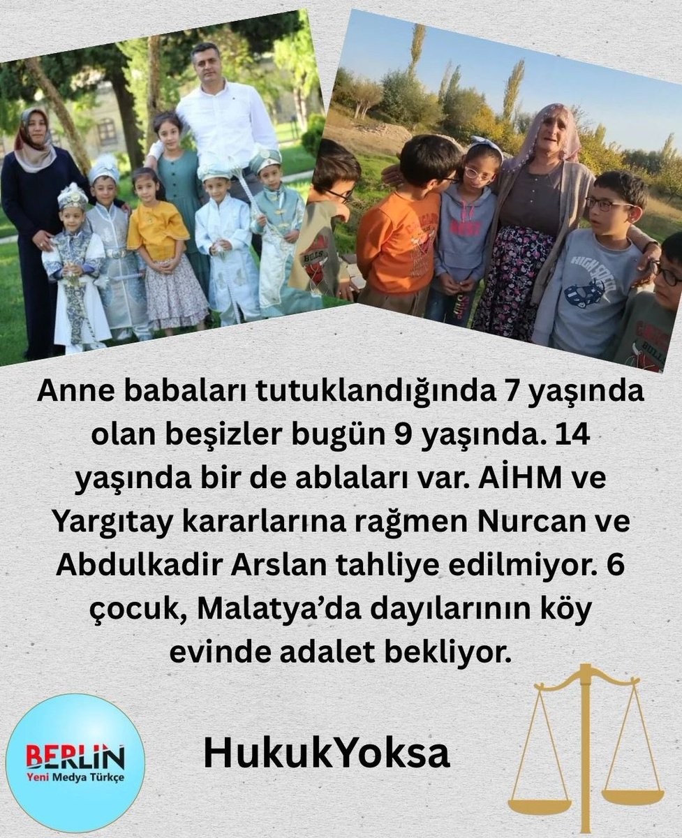 TutsakBebekler's tweet photo. AİHM ve Yargıtay kararları ortadayken
Nurcan ve Abdülkadir Arslan neden hâlâ içeride?

30 Eylül 2024’te tutuklanan bu çiftin
5’i beşiz 6 çocuğu, aylardır anne-babasız.

Adalet çocukları korumuyorsa,
kime yarar?

AbdullahTırpanın SesiOlalım

@aydinsule1 https://t.co/5eRIIoplA0