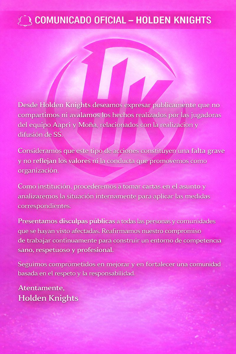 Desde Holden Knights queremos ser claros. No avalamos ni compartimos las acciones de Aapri y Moña relacionadas con SS. Les pedimos disculpas públicas y reafirmamos nuestro compromiso con una comunidad sana y profesional. 
<a href="/BakiVlrt/">Baki</a> lamentamos lo sucedido.