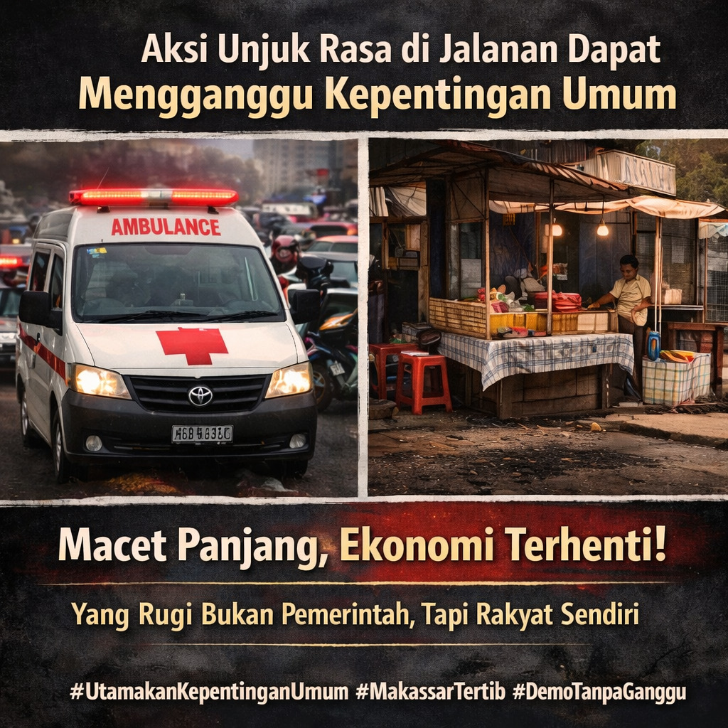 AdelWinny's tweet photo. Saat jalanan   diblokir, yang rugi sebenarnya bukan pemerintah, melainkan rakyat sendiri.   Ekonomi terhenti dan mobilitas warga lumpuh. Mari jaga fasilitas publik tetap   berfungsi sebagaimana mestinya. #MakassarDamai #UtamakanKepentinganUmum https://t.co/1syGckR8J2
