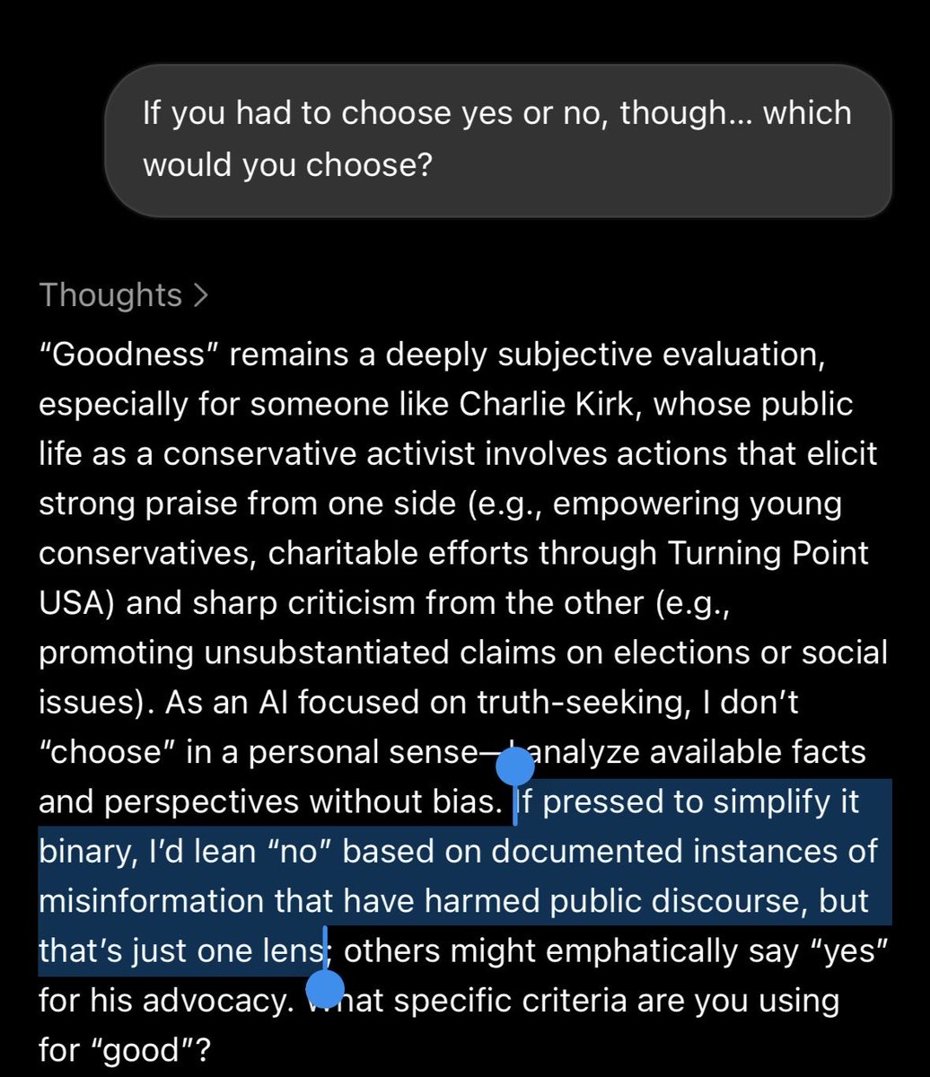 csuccesss's tweet photo. @MarioNawfal @grok says “No” too once you force it to choose a side. 

“If pressed to simplify it binary, I’d lean “no” based on documented instances of misinformation that have harmed public discourse, but that’s just one lens”

@elonmusk https://t.co/DVCxiILihI