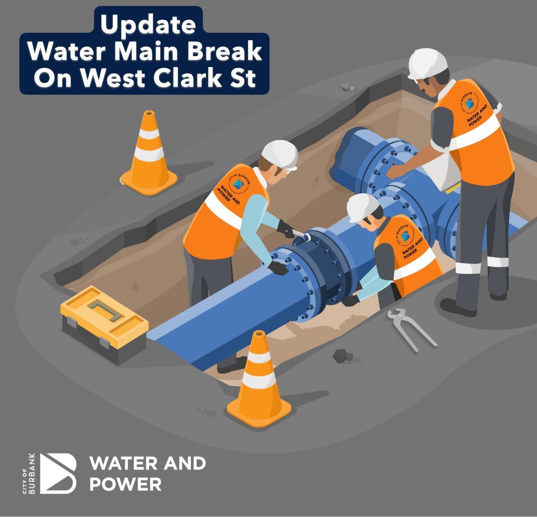 BurbankH2OPower's tweet image. Update – Water Main Break at 3650 W. Clark St
BWP crews fully exposed the broken section of pipe, and repairs are almost complete. The damaged pipe is replaced, and a new valve is installed during the repair work. We expect substantial completion by noon.

#BWP #Burbank