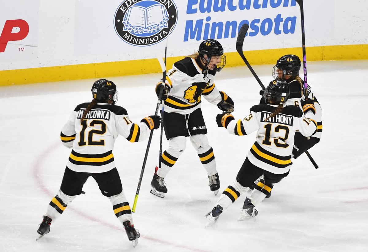 LetsPlay_Hockey's tweet photo. Class A State Semifinals: 
Jaylie French with the game winner in OT. Warroad advances to the Class A State Finals for the fifth straight year with a 6-5 overtime win over Dodge County. 

French finishes with two goals and four assists. Taylor Reese with a hat trick for the Warriors.

Dodge County's Bryn Spreiter with a hat trick for the Wildcats who will play for third place against the loser of Breck vs. Blake. 

Warroad will play the winner for the Class A title.

@Lady_Warriors00 @dcwildcats10 
@AJPhotographymn