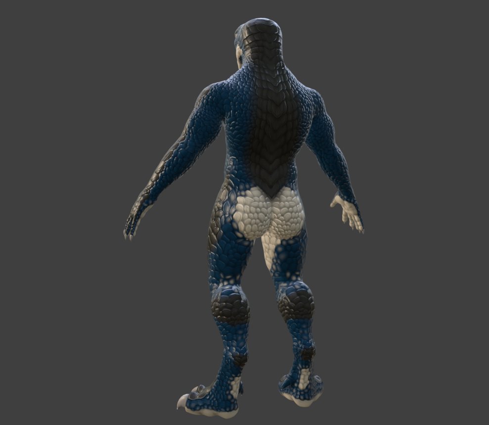 SlytaleStudio's tweet photo. So here's some screenshots of the new model :D Hopefully worth the wait. I've put in a lot of work into the texturing, but I'm still messing around a bit with it.

The hands, feet and head are all separate meshes. Changing species will swap the head mesh out (and textures) for the respective species. But you can change the hands and feet for different types. 

Genitalia are also a separate mesh now. It's to give me more control over what type of genitalia can be an option in the game.

Tails will also be a separate mesh. So it will be optional and, again, gives me more options on how it should look like.

Extra meshes, such as horns, crests, ears, etc. will also be separate meshes. So you can customize it to your liking.

Also, painting all those scales was a chore lol. Feedback is welcome!