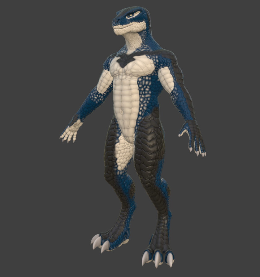 SlytaleStudio's tweet photo. So here's some screenshots of the new model :D Hopefully worth the wait. I've put in a lot of work into the texturing, but I'm still messing around a bit with it.

The hands, feet and head are all separate meshes. Changing species will swap the head mesh out (and textures) for the respective species. But you can change the hands and feet for different types. 

Genitalia are also a separate mesh now. It's to give me more control over what type of genitalia can be an option in the game.

Tails will also be a separate mesh. So it will be optional and, again, gives me more options on how it should look like.

Extra meshes, such as horns, crests, ears, etc. will also be separate meshes. So you can customize it to your liking.

Also, painting all those scales was a chore lol. Feedback is welcome!