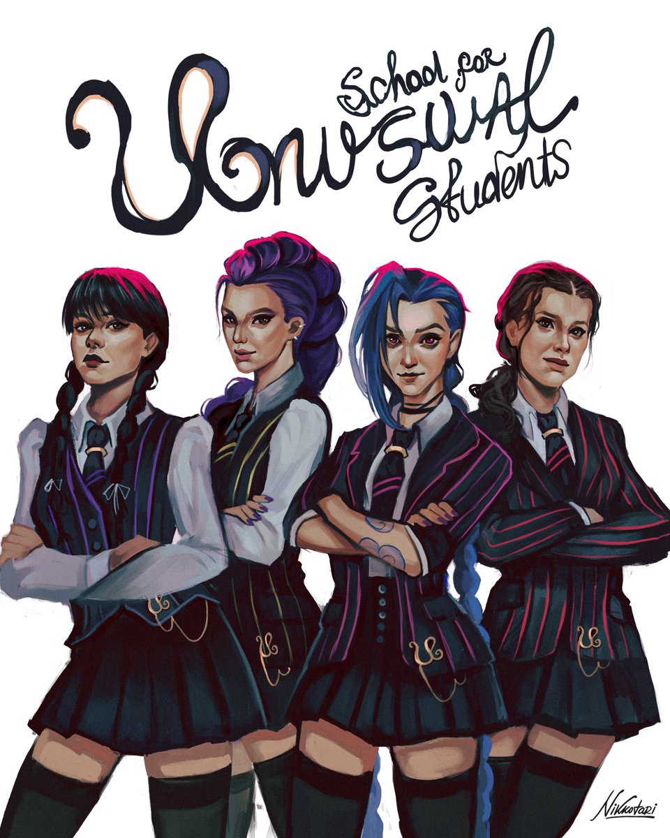 nikkotari's tweet photo. hot and dangerous… wednesday, jinx, rumi, and el in the same unusual school! 🖤 https://t.co/tBNCj5EgsI