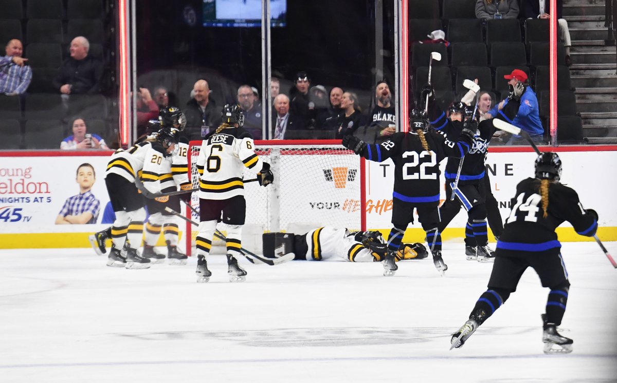 LetsPlay_Hockey's tweet photo. Class A State Semifinals: 
Jaylie French with the game winner in OT. Warroad advances to the Class A State Finals for the fifth straight year with a 6-5 overtime win over Dodge County. 

French finishes with two goals and four assists. Taylor Reese with a hat trick for the Warriors.

Dodge County's Bryn Spreiter with a hat trick for the Wildcats who will play for third place against the loser of Breck vs. Blake. 

Warroad will play the winner for the Class A title.

@Lady_Warriors00 @dcwildcats10 
@AJPhotographymn