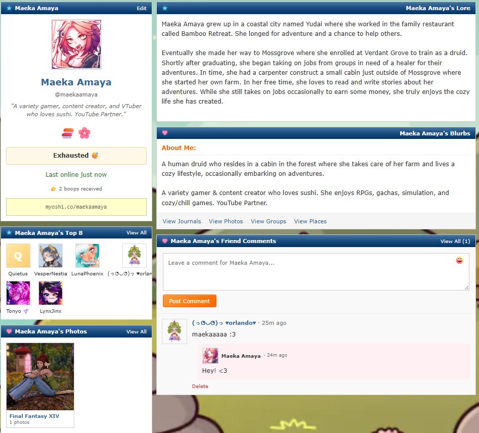 Currently working on setting up my profile on <a href="/myoshi_co/">MyOshi</a>. If you're on here let me know! I am excited to check out MyOshi because I miss browsing forums and connecting with people that way. Good times indeed. <3

myoshi.co/maekaamaya