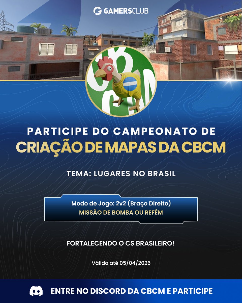Tá rolando a primeira competição de criação de mapas da <a href="/CBCM_cs2/">Comunidade Brasileira de Criadores de Mapas</a> e você 🫵 pode ser o grande campeão!

Para participar é só criar um mapa no modo Braço Direito com o tema lugares do Brasil 🇧🇷

Bora representar e mostrar a criatividade do nosso país no servidor? 💙