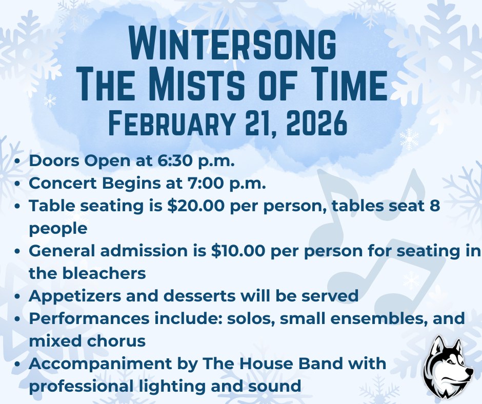 Wintersong is tomorrow! General admission tickets can be purchased at the door. 🎤❄️ #heartlandhuskies