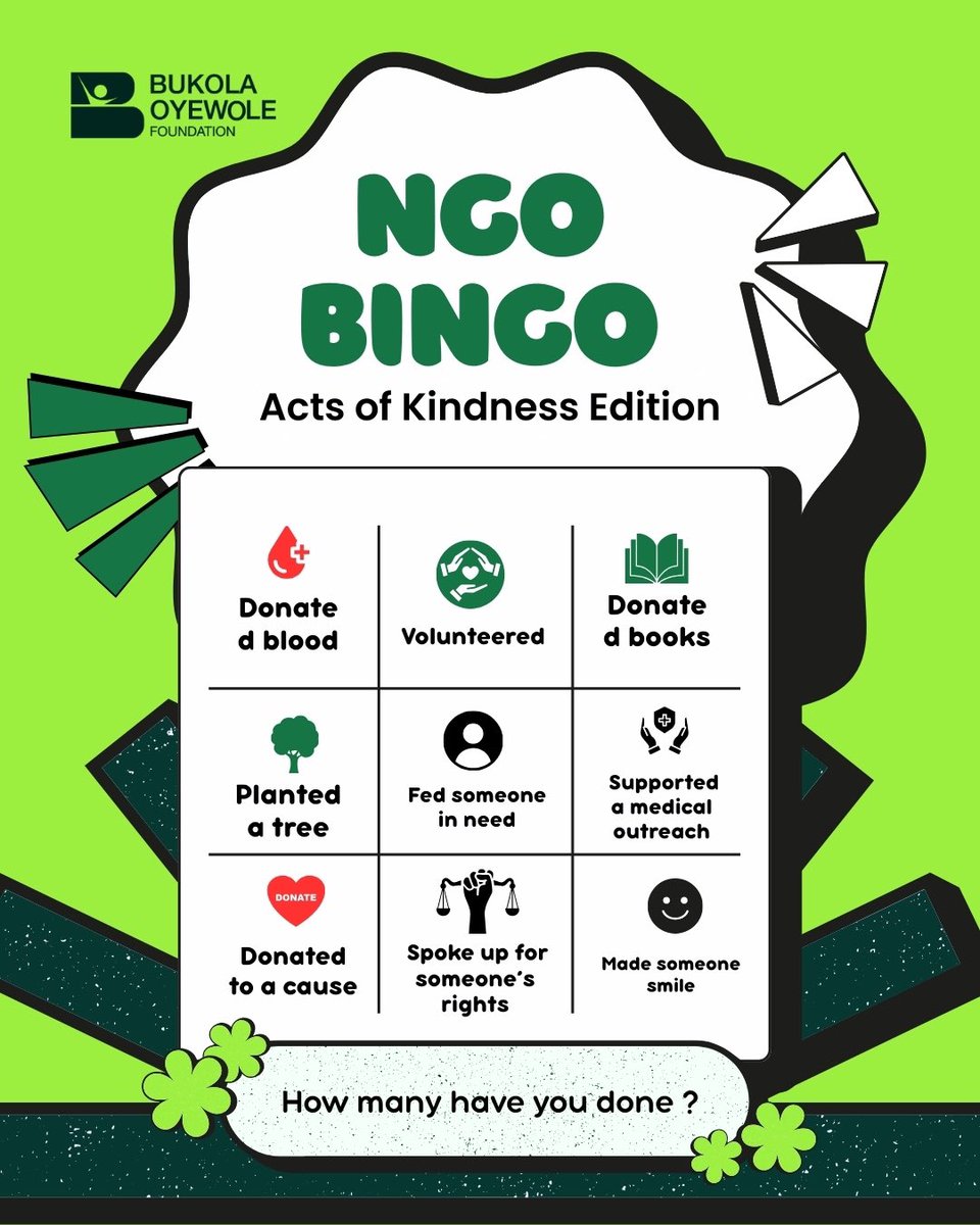 How many impact milestones can you check off on our NGO Bingo?

Let us know your score below 👇🏽

#BukolaOyewoleFoundation #MakingADifference #Bingo #SocialImpact #Positiveimpact