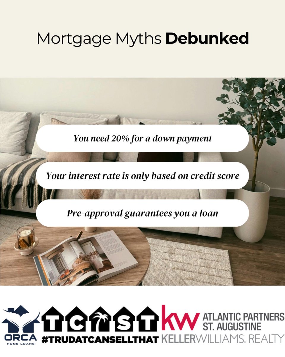 trudatcansell's tweet image. Let’s bust some mortgage myths:
✅ Low down payment options exist
✅ Rates depend on more than credit
✅ Pre-approval isn’t final

Knowledge = power when buying a home!

#mortgagetruths #homeownership #financialsavvy #homebuying
