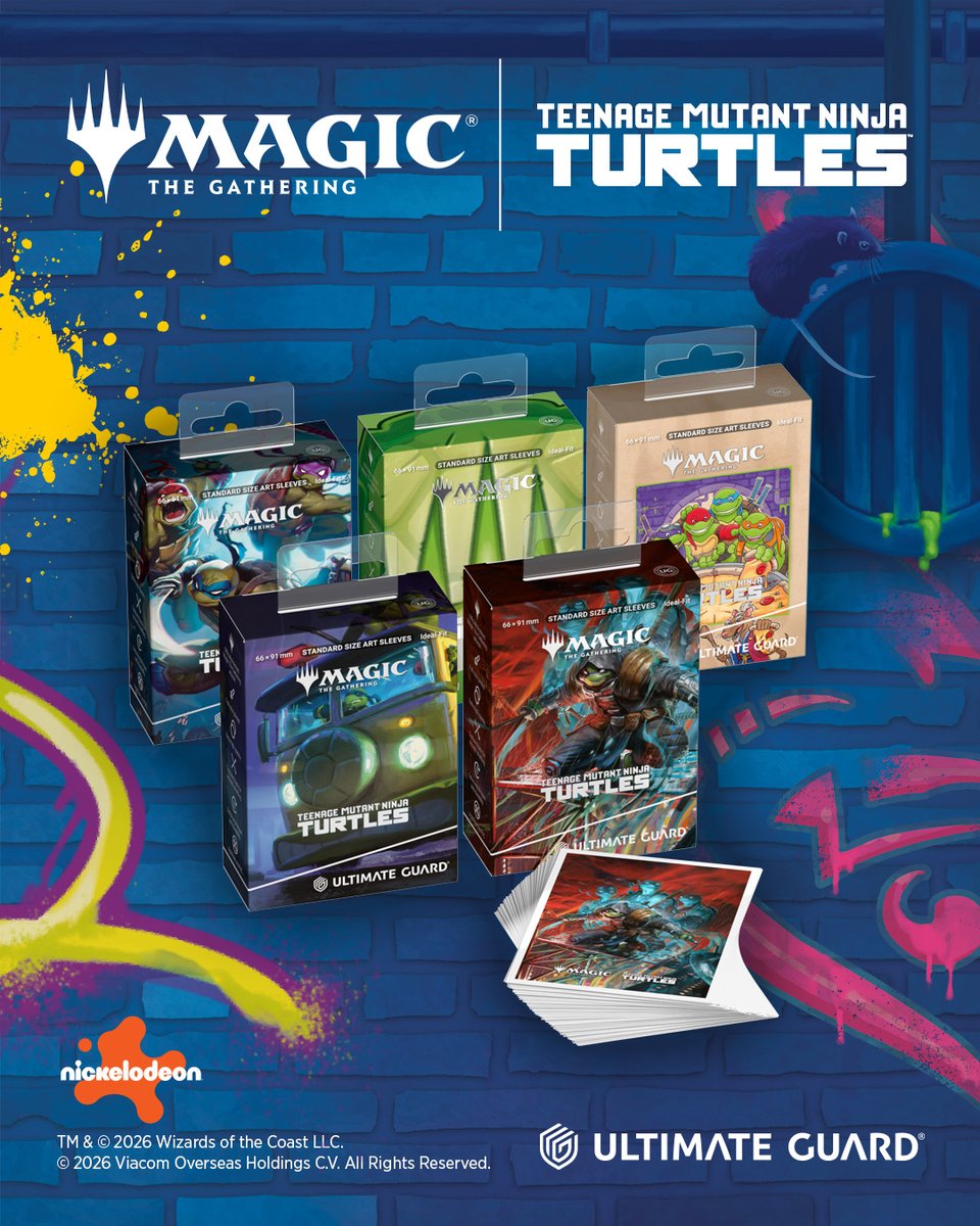 UltimateGuard's tweet photo. 🎨🐢Shell-tastic protection for your heroes!🐢🎨

The Ultimate Guard Art Sleeves are here to protect your cards in style!  These sleeves bring Turtle power to every deck while keeping your cards safe from spills, scratches, and pizza grease. 🍕

Deck up, show your TMNT pride, and play like a hero in a half-shell!💥

Available here: https://t.co/Wzu3RzSlCD

#ultimateguard #MTGxTMNT
