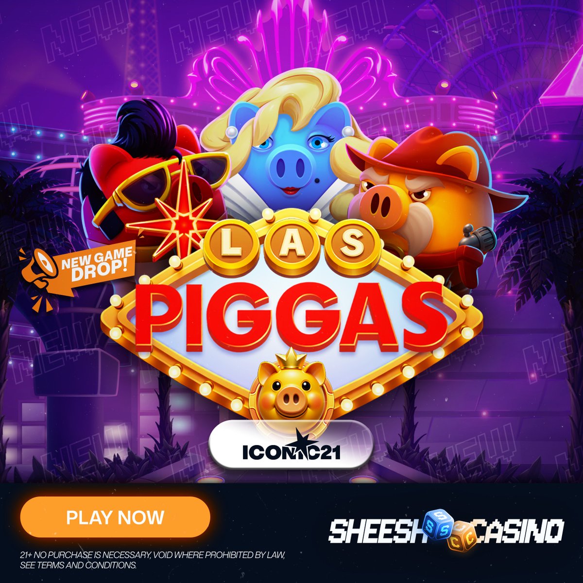 🎰🌟 NEW GAME DROP! 🌟🎰
Get ready to roll with the coolest crew in town it’s time for Las Piggas! 🐷🎤
Join  Elvis, Marilyn, and Cowboy in this wild, high energy slot packed with  flashy lights, funky pigs, and big win potential. From glitzy glamour to  heart pounding action,