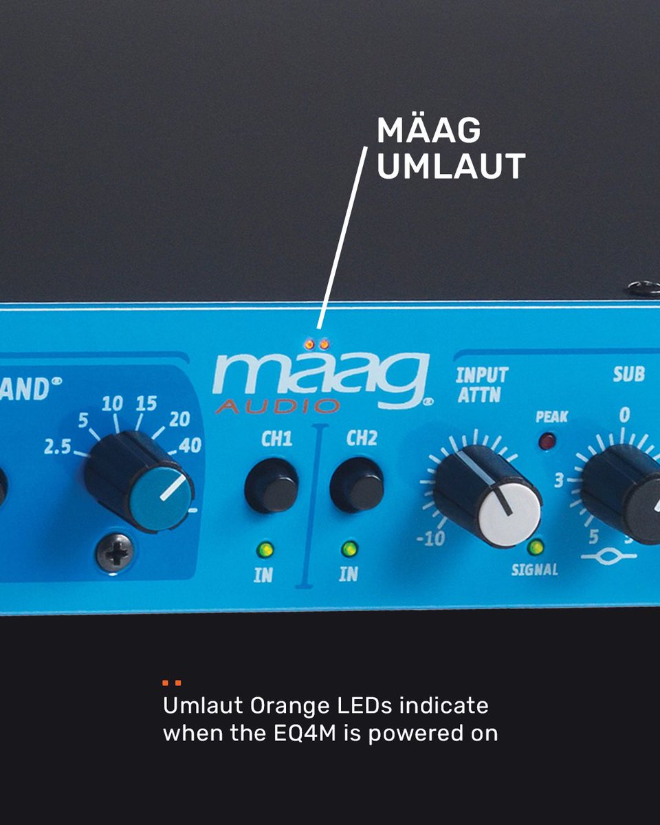 maagaudio's tweet image. The signature Mäag Audio Umlaut orange LEDs on the EQ4M 6-Band Dual Channel Mastering EQ glow to confirm the unit is powered on, activated by the rear-panel power switch.

Learn more here: maag.audio/maag-eq4m/

#MaagAudio #MaagEQ4M #EQ #MusicProduction #RecordingStudio