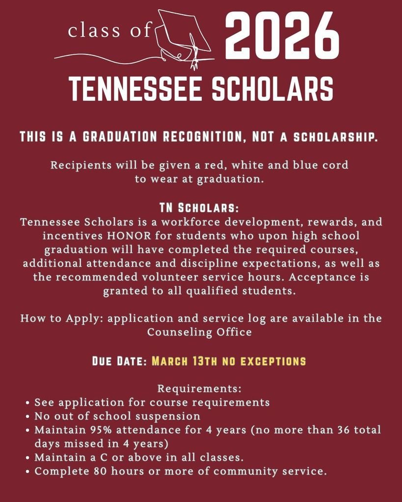 BTCS_THS's tweet photo. Class of 2026: See the included post to find out how you can earn TN Scholars recognition at graduation! #classof2026 https://t.co/RUW9P5yP7s