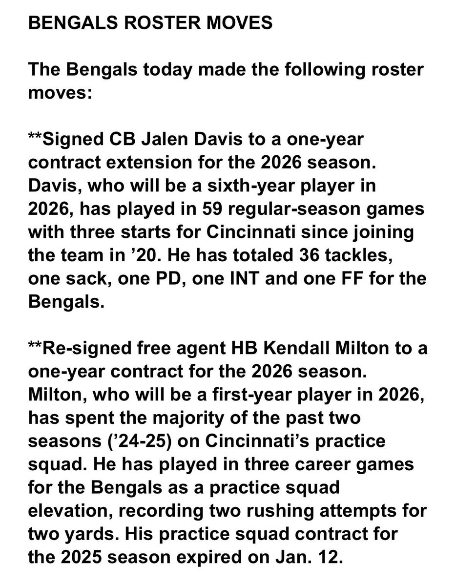 Trags's tweet photo. Bengals have extended two players they consider reliable and trustworthy in Jalen Davis and Kendall Milton. https://t.co/zljUMnkgIR