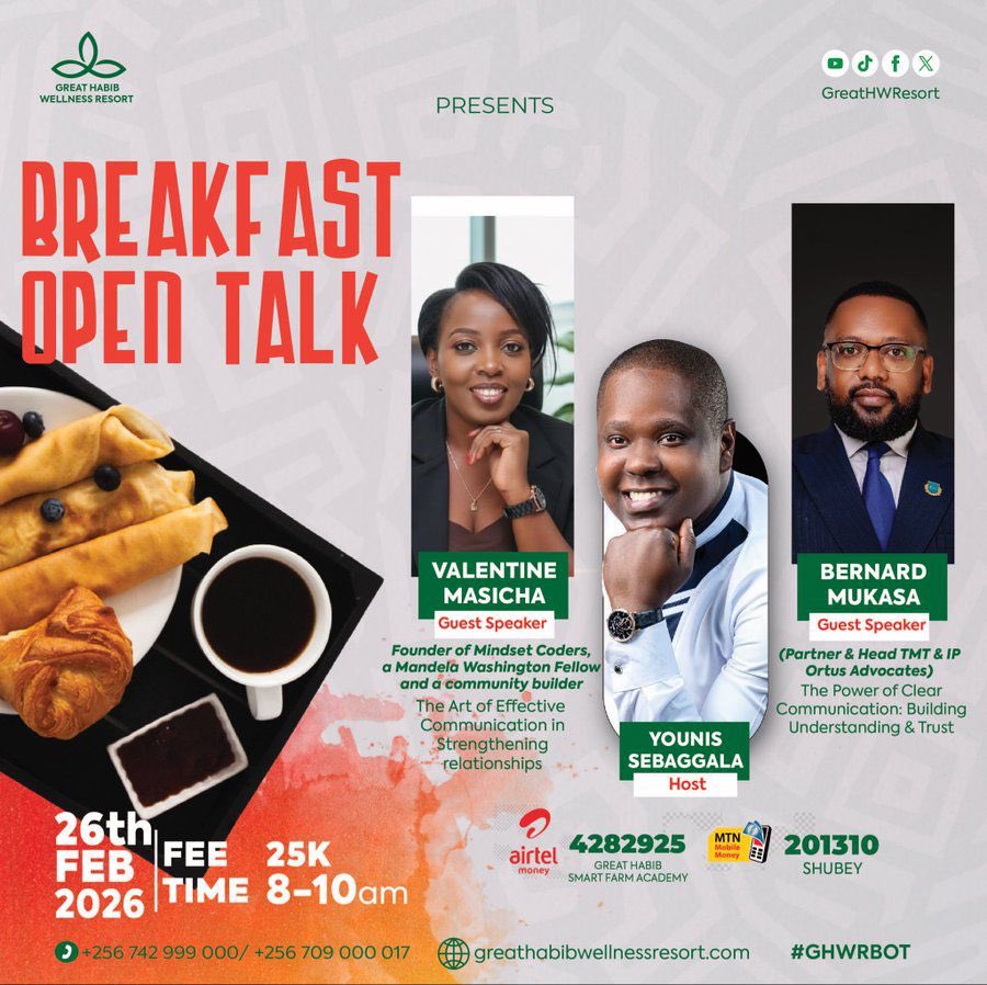 Don’t miss out on 2nd Edition of the #GHWRBOT hosted by our own Ds <a href="/YouniSebaggala/">Younis Sebaggala</a> at <a href="/GreatHWResort/">Great Habib Wellness Resort</a> come 26th that will  be featuring AI Educator <a href="/Missvurlentina/">Valentine Masicha</a>  &amp; Advocate <a href="/mkbernz/">Bernard Mukasa</a> 

Register now using link: forms.gle/w7igEPUCdzAxEY… #BusinessGrowth