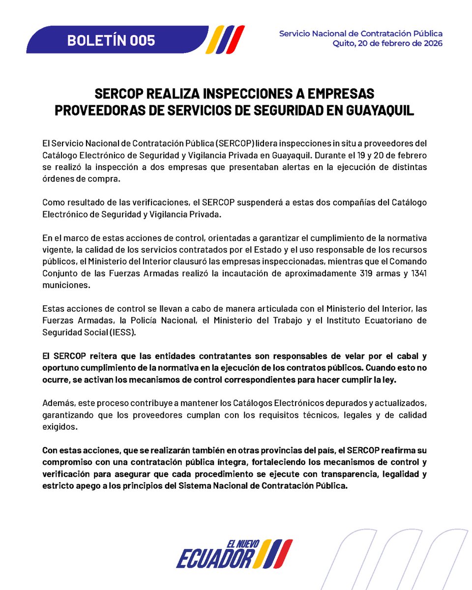 🗞️BOLETÍN | SERCOP realiza inspecciones a empresas proveedoras de servicios de seguridad en Guayaquil ➡️ shorturl.at/NFrE7

Se realizó la inspección a dos empresas que presentaban alertas en la ejecución de distintas órdenes de compra.

#ElNuevoEcuador 🇪🇨