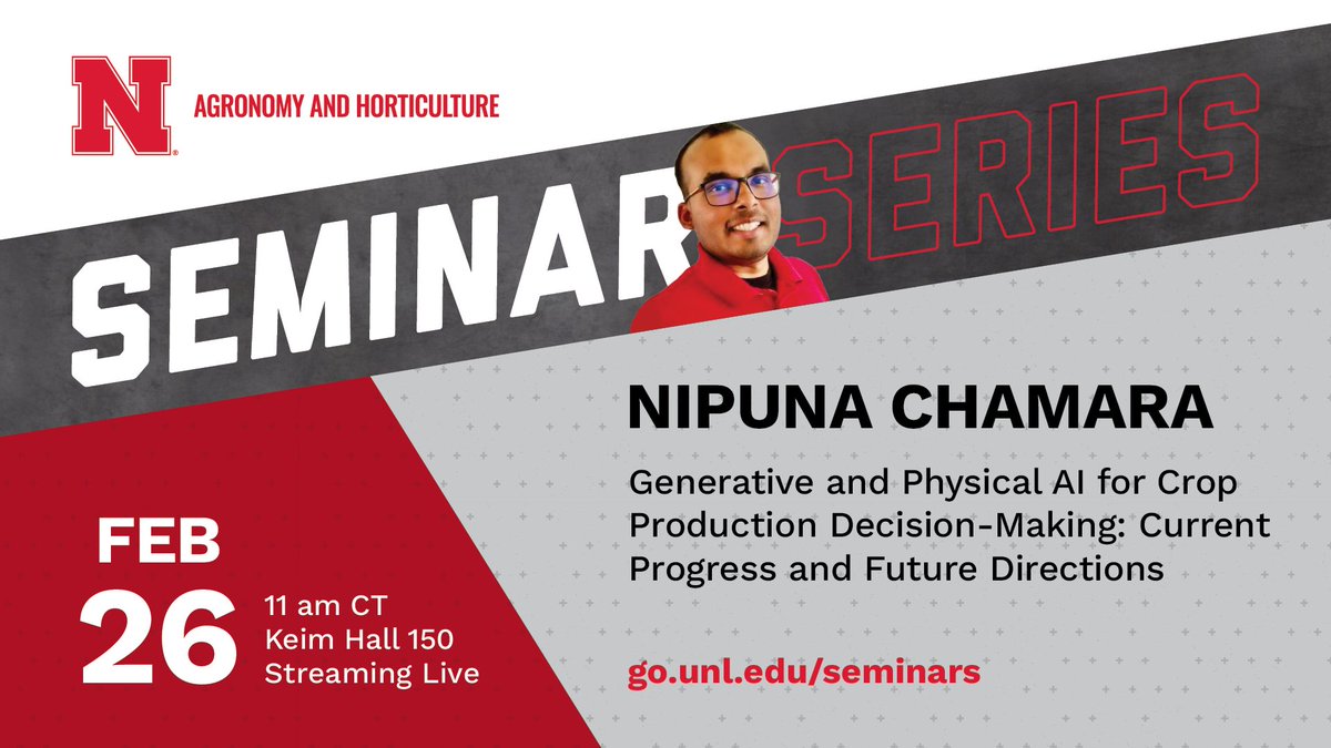 unlagrohort's tweet image. 📢The next #UNLAgroHort seminar is Feb. 26, at 11 a.m. in Keim 150 or online at go.unl.edu/seminars. Nipuna Chamara will share Nebraska-based research on AI-driven irrigation, nitrogen management and sensor-integrated decision platforms. #AI #precisionag

@casnr @UNL_BSE
