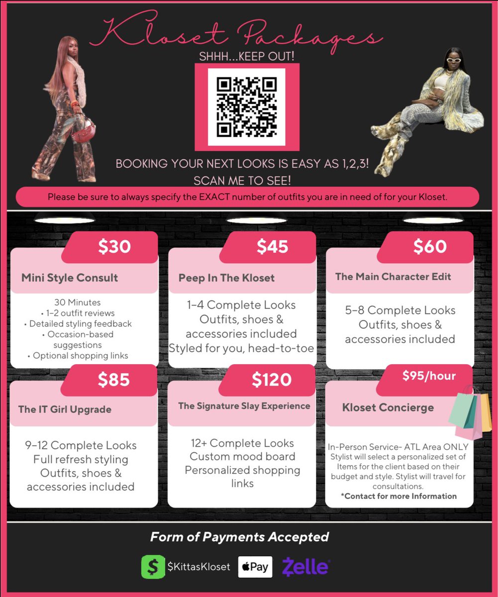 New Year, New Prices, New Looks! Let’s make your dream closet a reality ⚠️✨

Kitta’s Kloset NEW &amp; IMPROVED Kloset Packages‼️
•
•
Open to all birthdays, casual outings, photoshoots, concerts, baby showers, etc‼️
•
•
Are you ready for your dream Kloset?⚠️