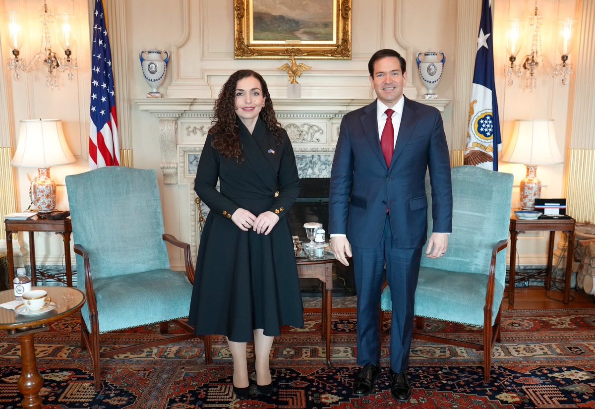 VjosaOsmaniPRKS's tweet photo. Kosovo and the United States are bound by a shared commitment to defend peace and to secure a safer future for generations to come! 🇽🇰🇺🇸

I was honored by the warm welcome at the U.S. Department of State by @SecRubio Marco Rubio, where we discussed concrete steps to further strengthen our alliance and advance priorities of vital importance to our people.

Shoulder to shoulder with the United States, we remain steadfast in strengthening peace and security, addressing shared global challenges, and advancing Kosovo’s irreversible path toward Euro-Atlantic integration.