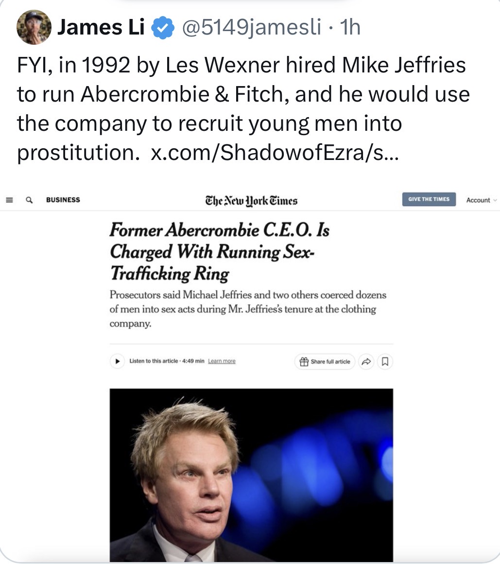 <a href="/OunkaOnX/">Ounka</a> How strange. 
Is Cromer a pedophile? 
I mean because what are the chances Wexner had two prostitution rings being run by two separate men out of  two separate companies? 

One maybe? But two? Nope.