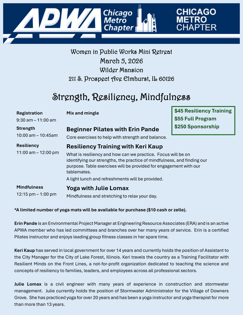 🌟 Join us March 5 at Wilder Mansion for Women in Public Works Mini Retreat! Pilates, Resiliency, Yoga &amp; more! 💪🧘‍♀️ my.apwa.org/eventapi__rout…