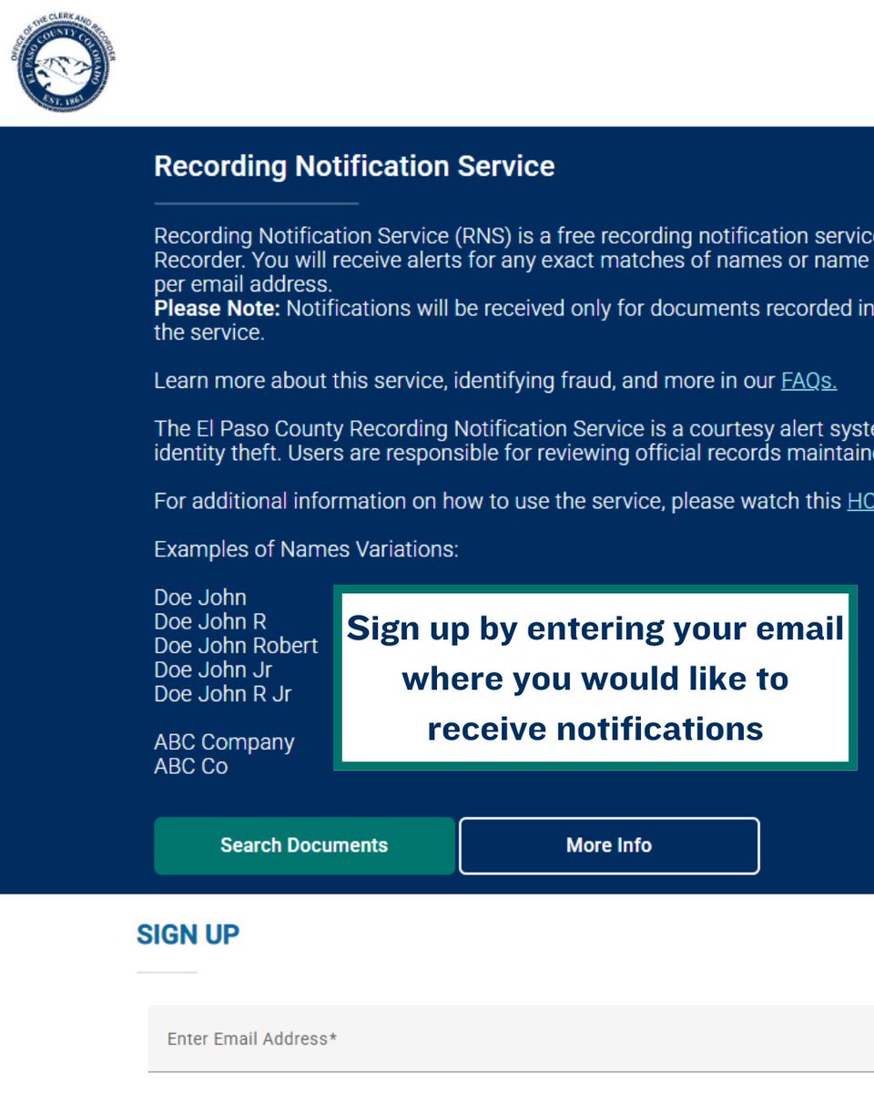 ClerkEPC's tweet image. Sign up for our FREE Property Protection Program! It will notify you when a document is filed with our Recording Dept that matches one of the names you track 🏡🔒

Sign up here: clerkandrecorder.elpasoco.com/recording/prop…

 #PropertyProtection #PropertyFraud #RealEstate #HomeOwners #ElPasoCounty