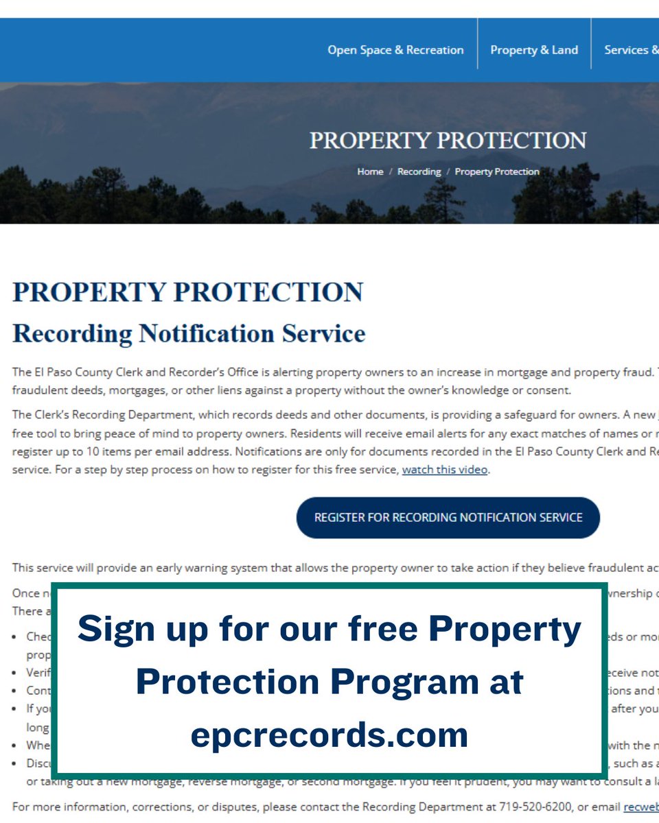 ClerkEPC's tweet image. Sign up for our FREE Property Protection Program! It will notify you when a document is filed with our Recording Dept that matches one of the names you track 🏡🔒

Sign up here: clerkandrecorder.elpasoco.com/recording/prop…

 #PropertyProtection #PropertyFraud #RealEstate #HomeOwners #ElPasoCounty