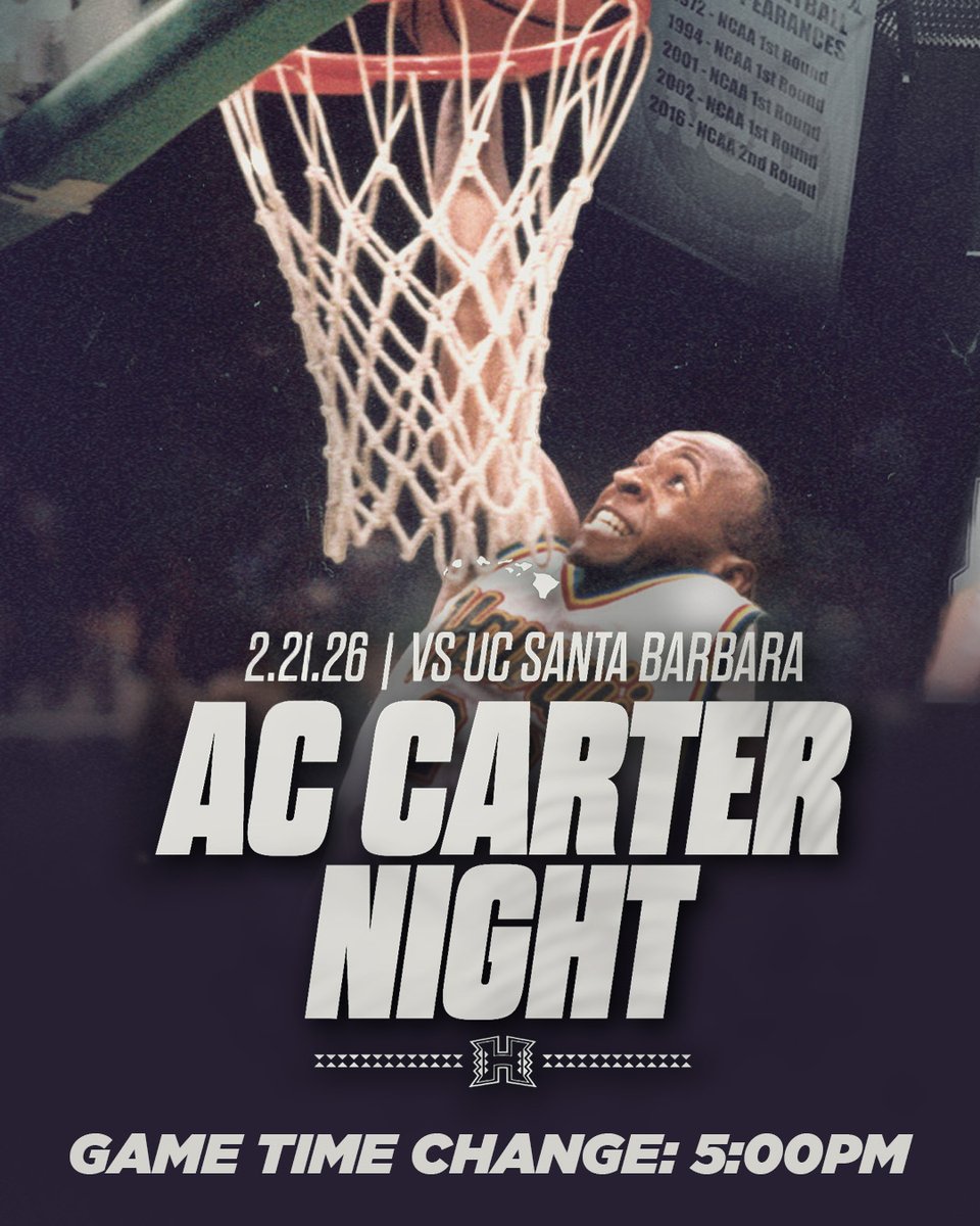 HawaiiMBB's tweet photo. Just a reminder...it's a 𝟓 𝐩𝐦 tipoff for Saturday's milestone AC Carter Night vs. UC Santa Barbara!

#PackTheStan x #GoBows https://t.co/e7feci3XkD
