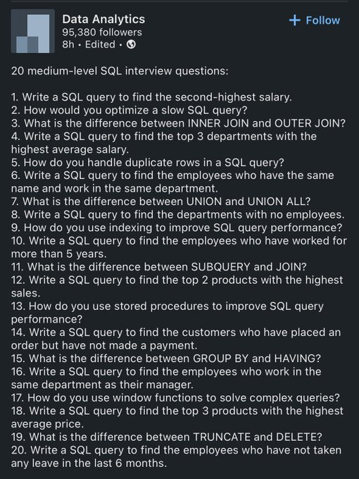 khushabu_27's tweet photo. 20 most common SQL Interview questions📚 https://t.co/Em2AlXHcGv