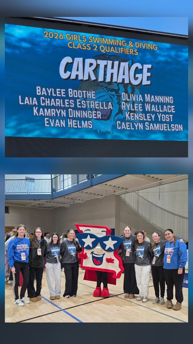 coachbmcbride's tweet photo. MSHSAA has rolled out the red carpet for the State Qualifiers. The Carthage Lady Tiger Swim Team is ready to compete. Go BLUE! https://t.co/tgsHeI0Peg