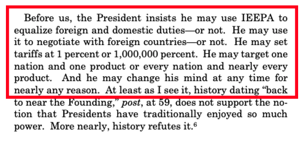 Econ_Goggles's tweet photo. Rules > Discretion

A perfect example from Gorsuch's concurrence in the SCOTUS IEEPA decision of why we are a nation of laws and how a nation of "rule by executive" can get way out of hand 

#SCOTUS #Tariffs #IEEPA https://t.co/EWIIpNchYf