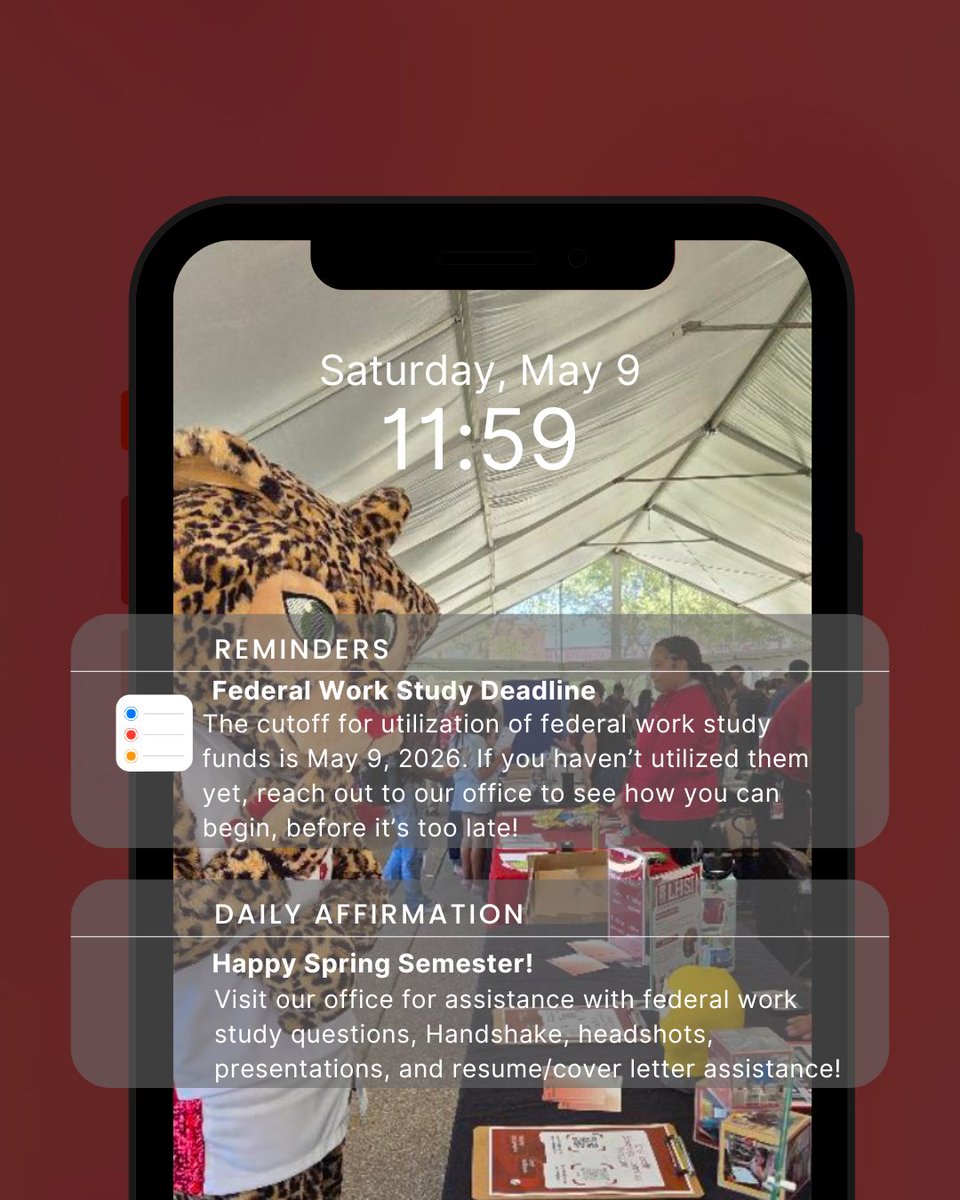 Last day to use your Federal Work-Study funds is May 9, 2026 ⏰
Don’t miss out—there are tons of on-campus and off-campus work-study opportunities waiting for you. Apply, earn, and make it count before the deadline! 💼✨