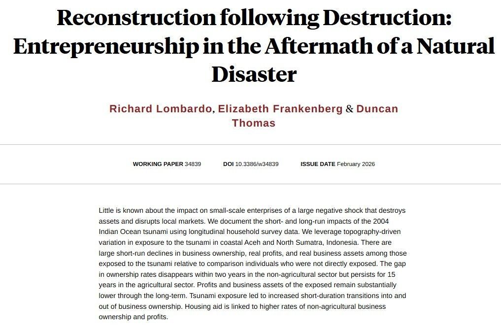After a major natural disaster, business ownership rebounds quickly in manufacturing and services but more slowly in agriculture. However, profits and capital do not rebound, from Richard Lombardo, Elizabeth Frankenberg, and Duncan Thomas nber.org/papers/w34839