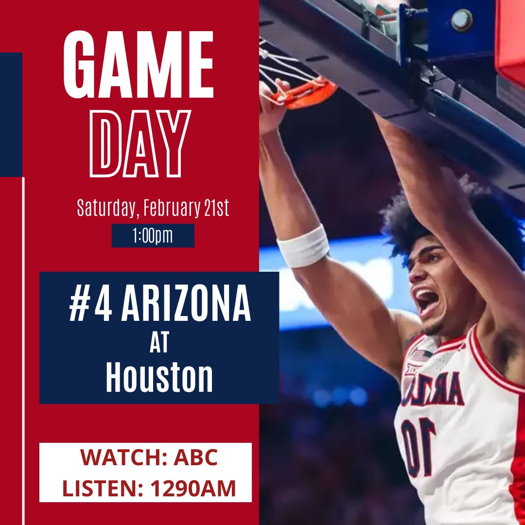 BIG GAME TOMORROW

🏀 #4 ARIZONA at #2 Houston

📆 Saturday, February 21st
⏲️ 1:00pm
📍Houston, Texas
📺 ABC
📻 Wildcats Radio 1290AM, KHIT 107.5