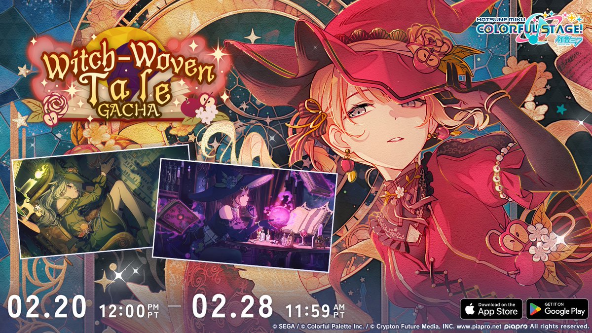 "Witch-Woven Tale Gacha" is here! 🧙‍♀️
 
Pull the new Honami, Nene, and MEIKO cards today~ 

The banner will run until Feb. 28, 11:59 AM (PT)/ 19:59 (UTC) 

Full details: colorfulstage.com/news/detail/00…