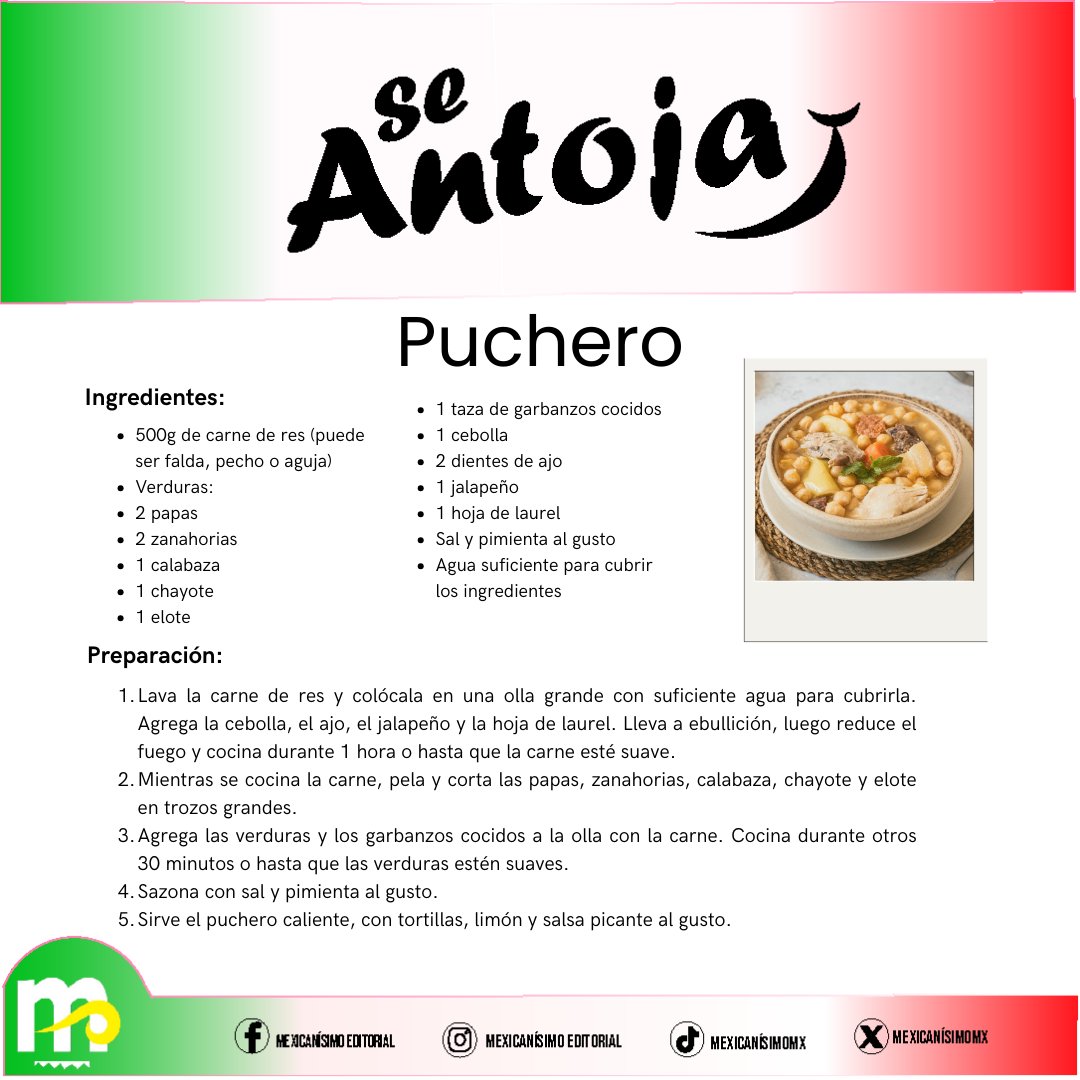 mexicanisimomx's tweet image. ¡Se antoja un puchero mexicano!
Está receta tiene raíces españolas, pero se convirtió en un plato único. Con ingredientes como elote, calabaza y chayote, es un símbolo de la cultura mexicana. 

#mexicanisimo #sesntoja #comida #gastronomia