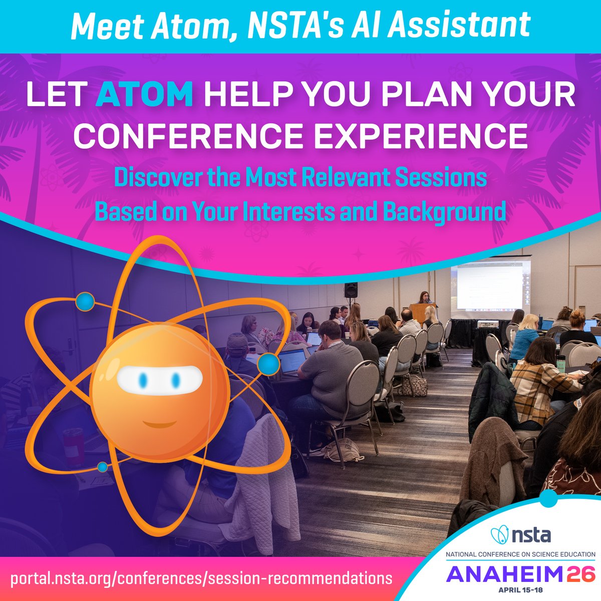 NSTA's tweet image. ⏰ Make the most of Ana26! Atom gives you personalized session recommendations based on your interests &amp;amp; background. 🔗 bit.ly/4aKcpBM

#ScienceEducation #STEMEd #ScienceTeacher