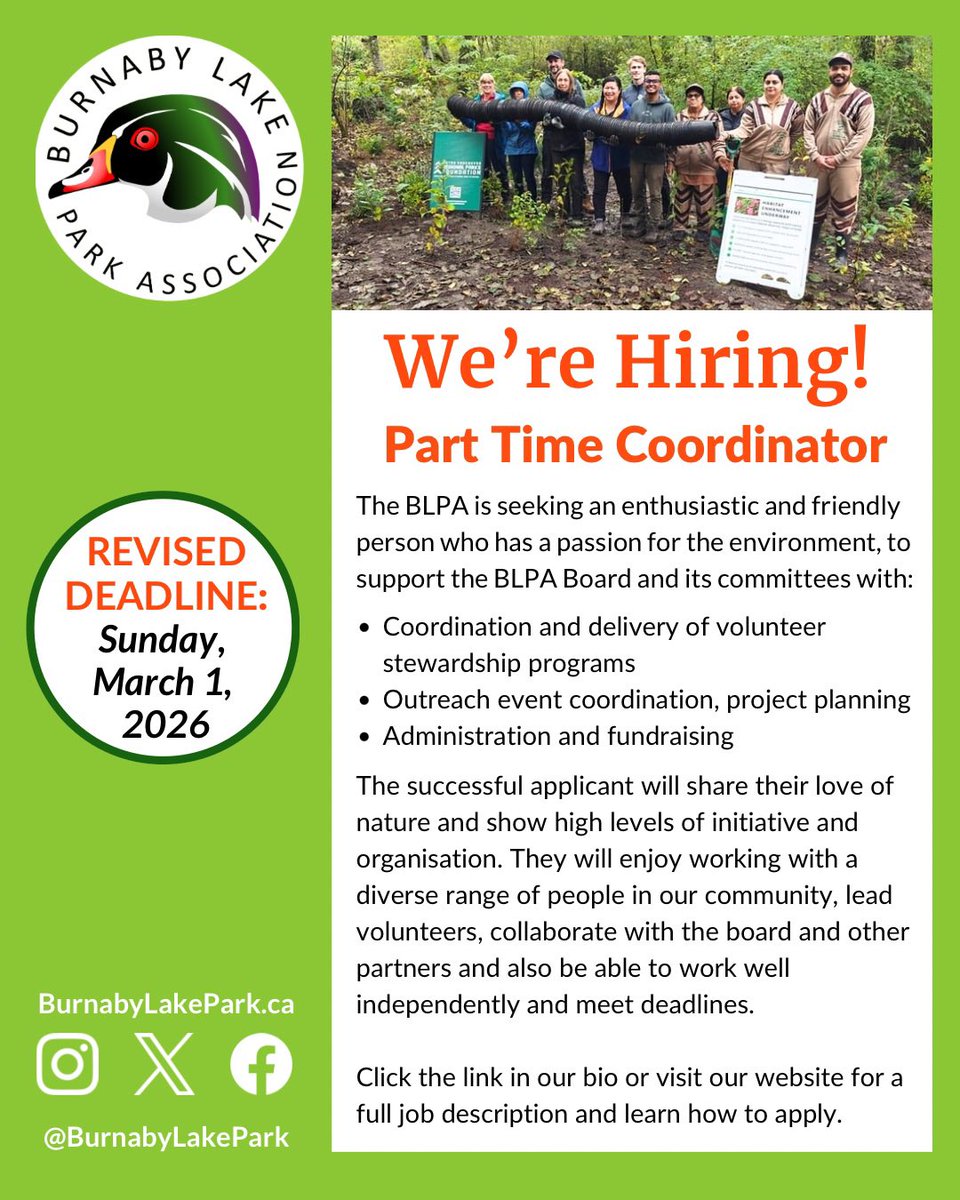 BurnabyLakePark's tweet photo. We’ve extended the deadline to March 1
For a full job description and application instructions : 
https://t.co/G1nJuP4f2O https://t.co/MFKbMvK8xk