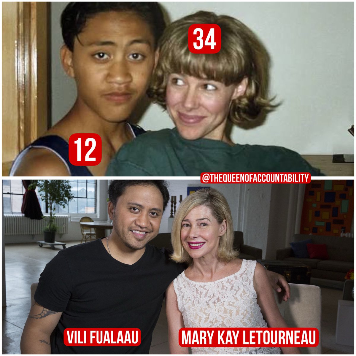 celebriD's tweet image. Mary Kay Letourneau was a sixth-grade teacher in Burien, Washington. In 1996, at age 34, she began raping her 12-year-old student, Vili Fualaau. She moved into the apartment complex near where Vili lived to stay close to him. She became pregnant by him (first daughter born May